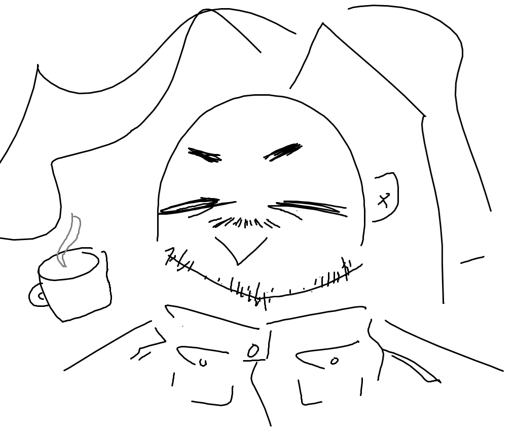 
            A simple, line art self-portrait of Leif Larson. He has a content 
            smile, short beard, and long locks of hair which flow out of 
            frame. He is wearing a button up coat with a pocket on each 
            breast, and a mug of hot tea is included in frame, floating in 
            space.
          